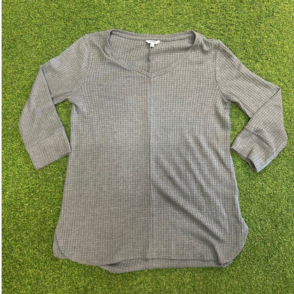 Sonoma Goods For Life Grey Waffle Knit V-Neck 3/4 Sleeve Thermal Top Medium